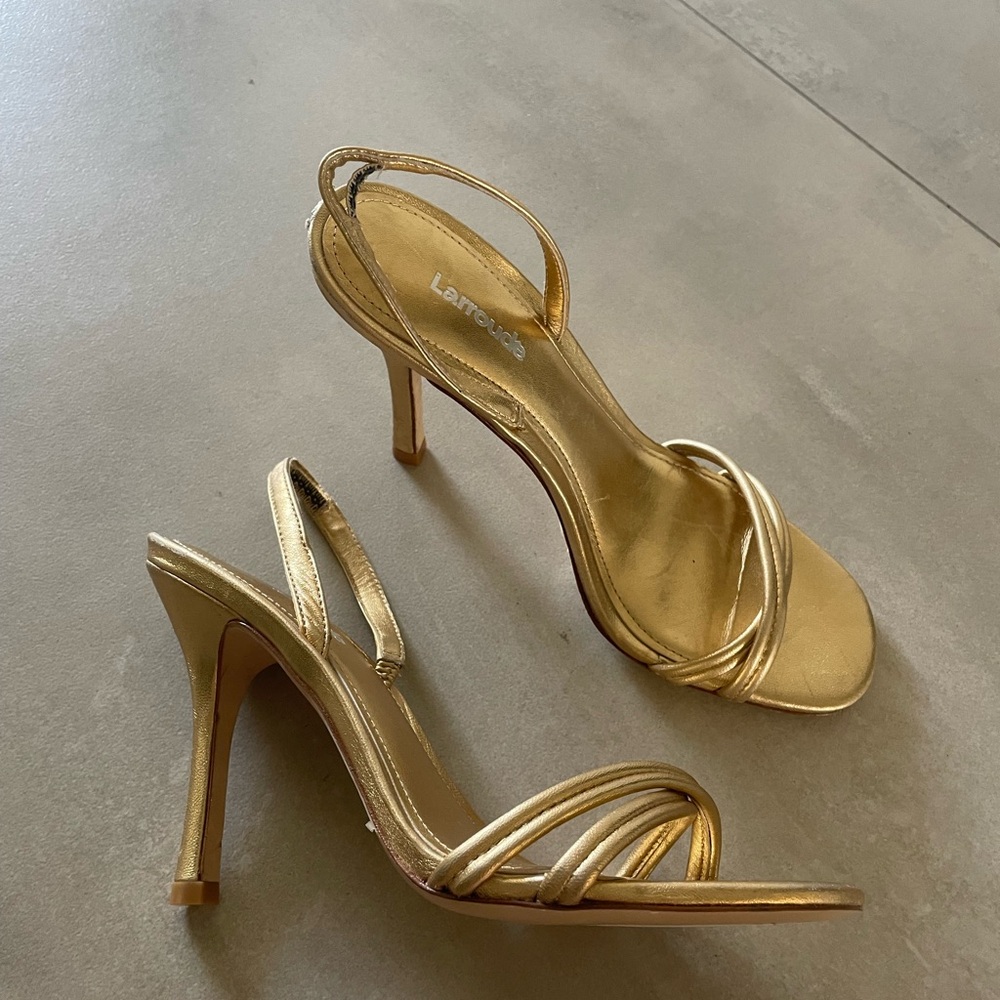 Larroude Gold Strappy Slingback Heels with Dust Bag - Size 7